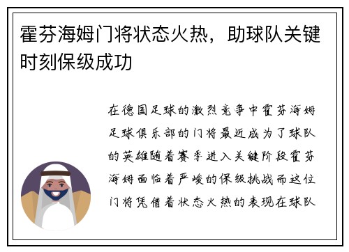 霍芬海姆门将状态火热，助球队关键时刻保级成功